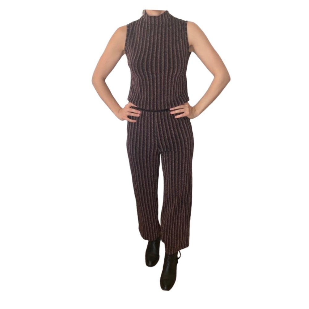METALLIC Gold and Burgundy Stripe Sleeveless Jumpsuit with High Neck